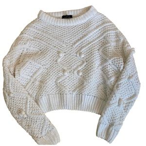 White Cropped Pom Pom Sweater - Urban Heritage - Size Small